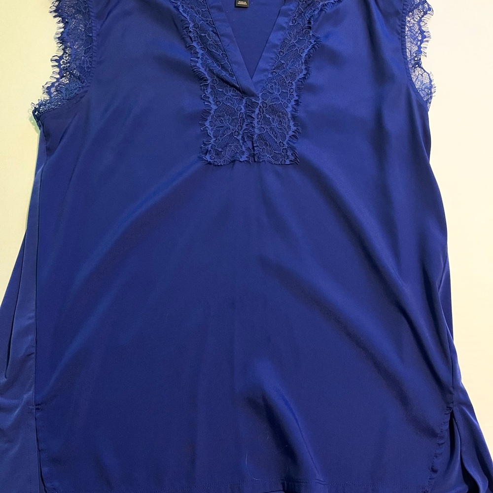 Elegant Blue Lace Trim Blouse